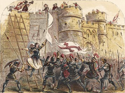 Joan of Arc leads French army against the English defenders of Les Tourelles gate, during the siege of Orleans May 7th, 1429 by English School